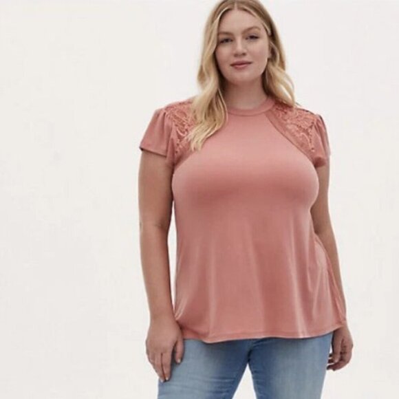 torrid Tops - Torrid Dusty Coral Flutter Sleeve Lace Inset Top 3 3X 22/24